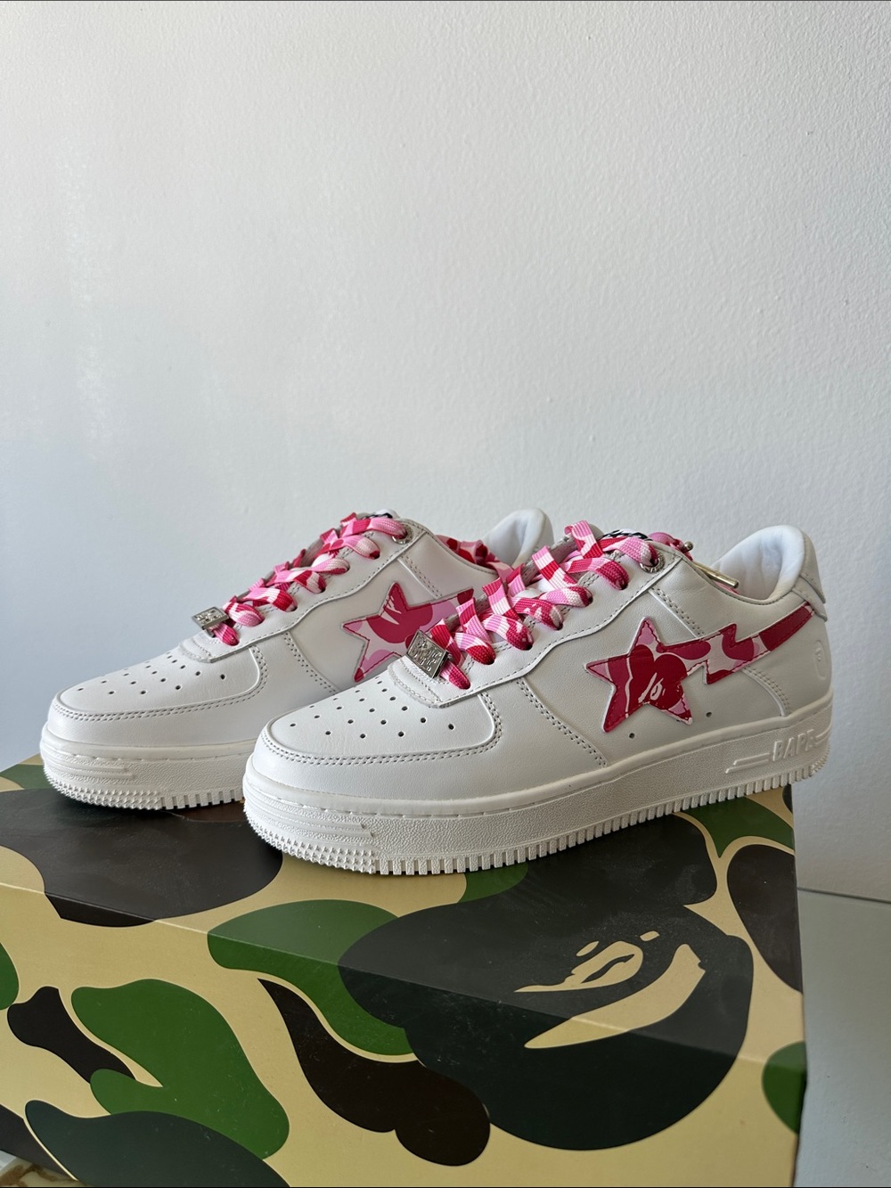 Bape White Sneakers with Pink Star Accents